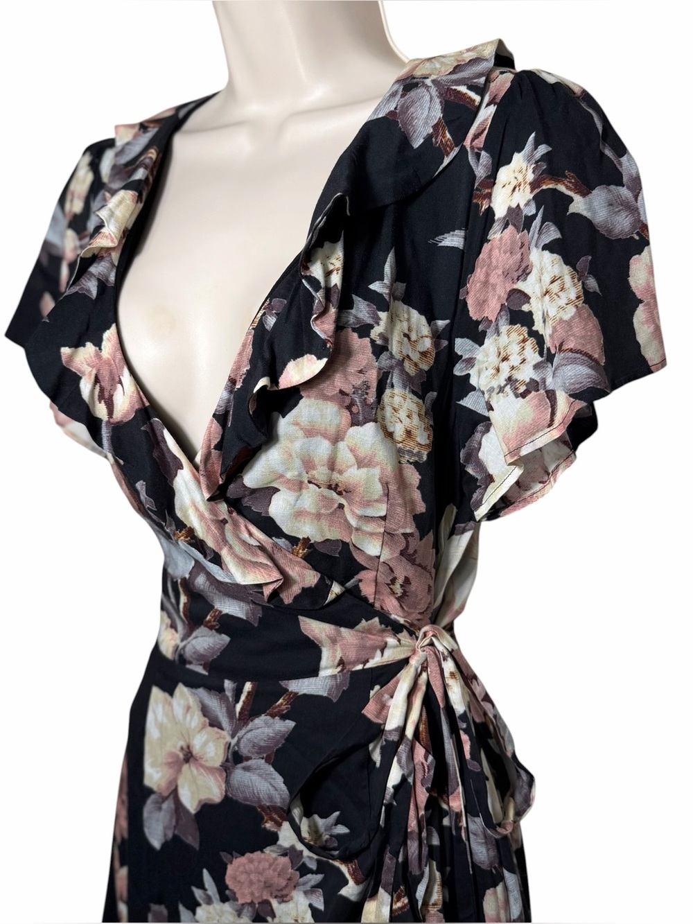 PAIGE Cardamom Floral Wrap Dress Black Evening Sand Ruffle Short Sleeve XS - Picture 5 of 15